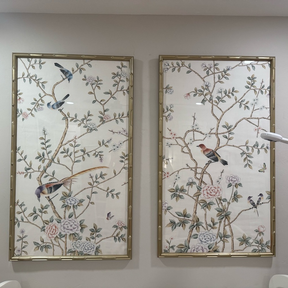 Elegant Gold Framed Bird and Floral Wall Art Set